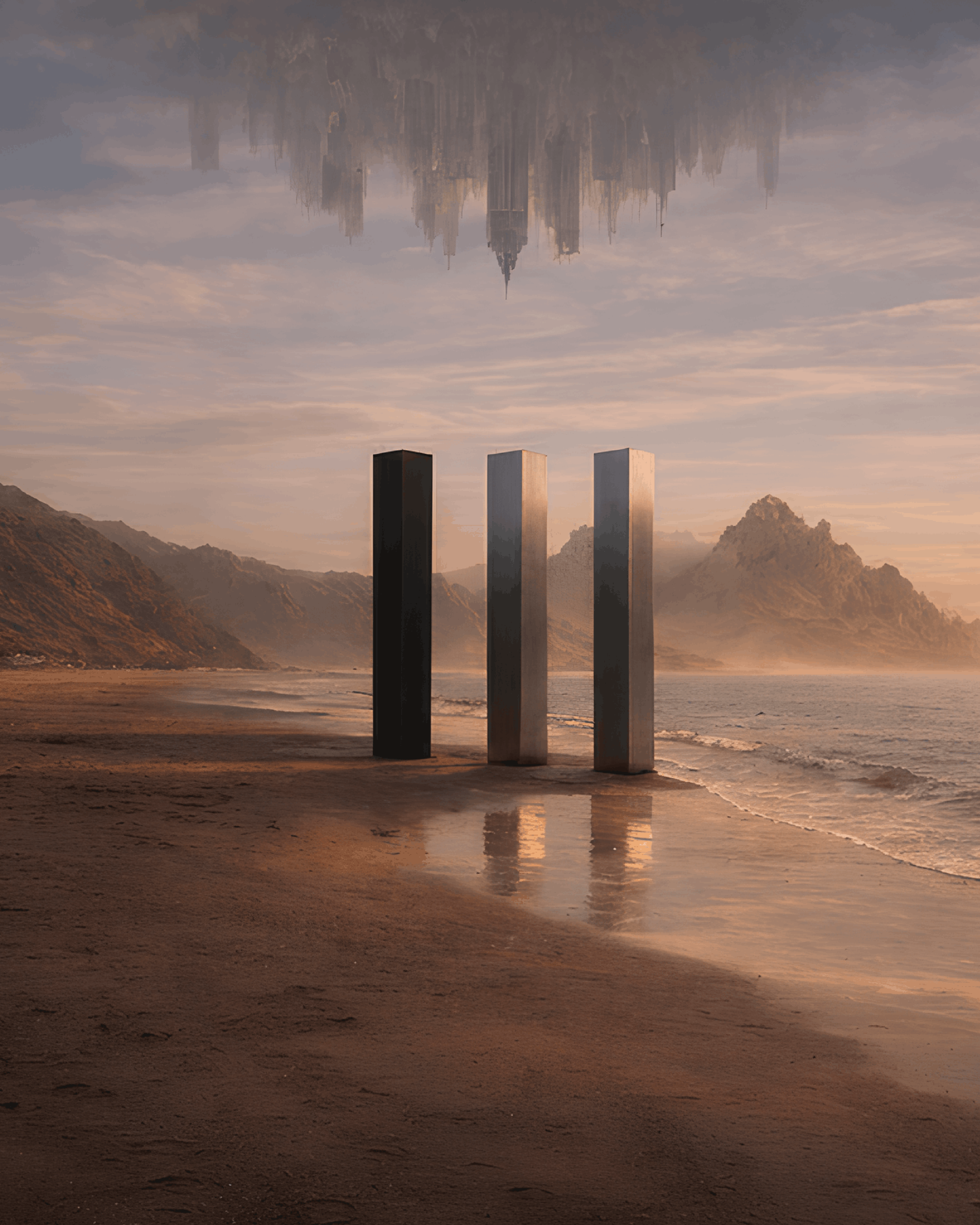 Three tall monoliths standing on a beach with mountains and a surreal city floating in the sky.