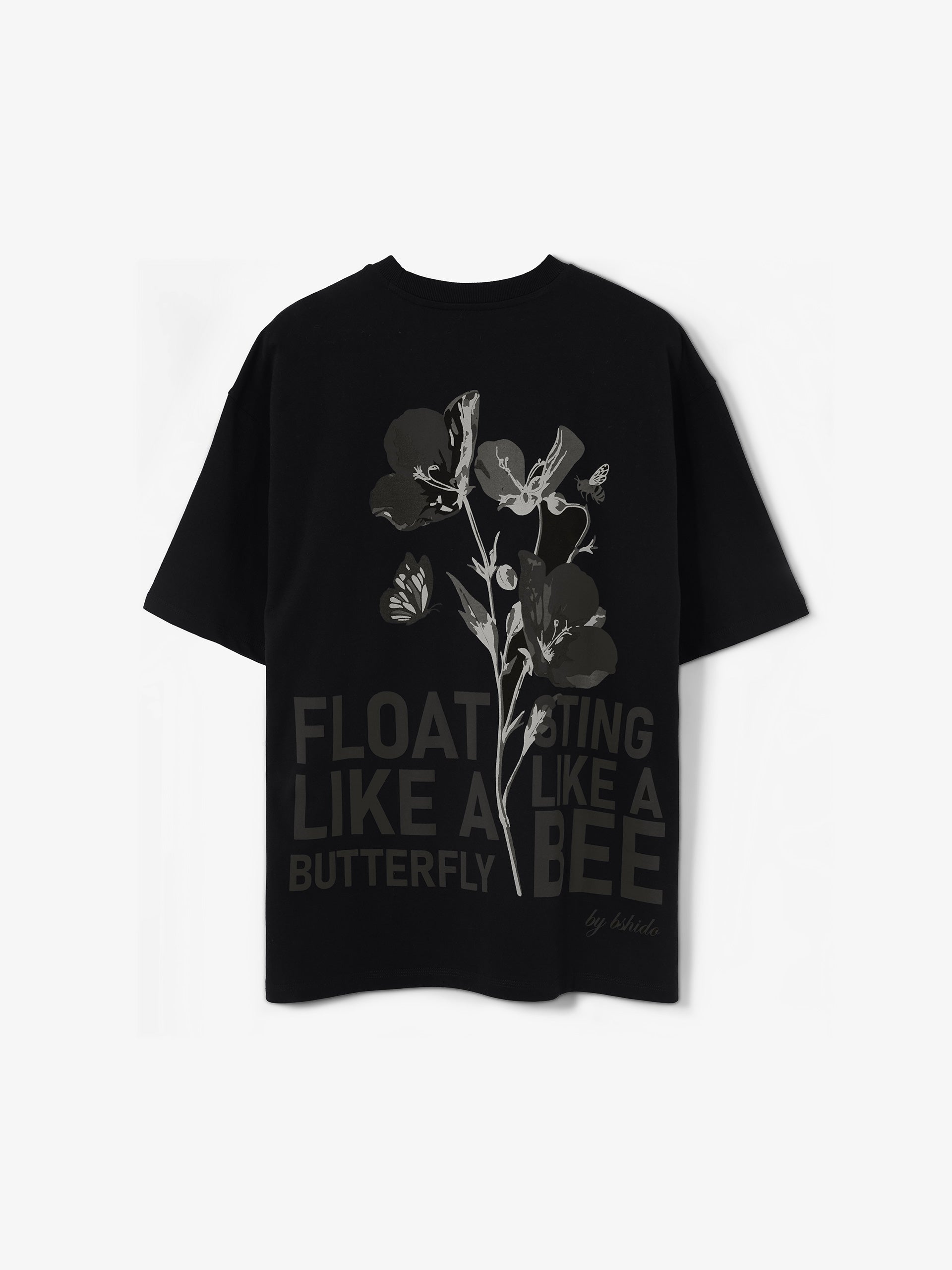 Black oversized t-shirt with butterfly bee and floral print back design by Bshido
