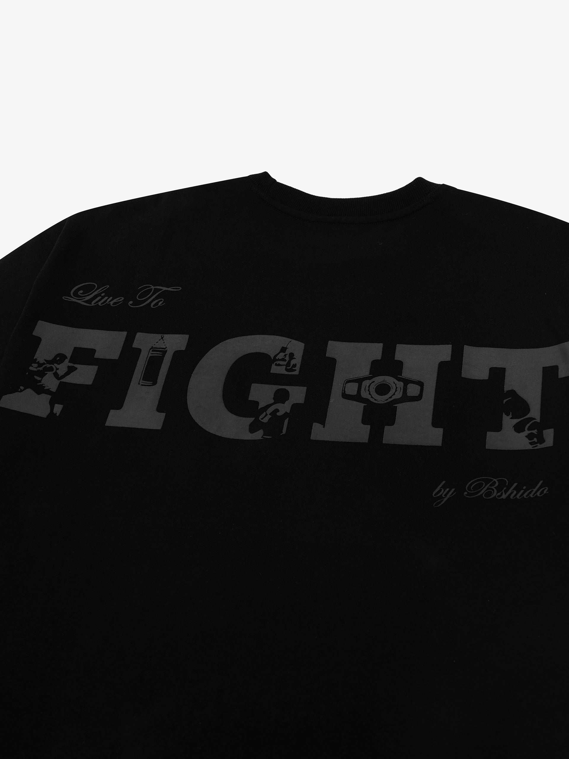 black t-shirt back print close up showing fight graphic