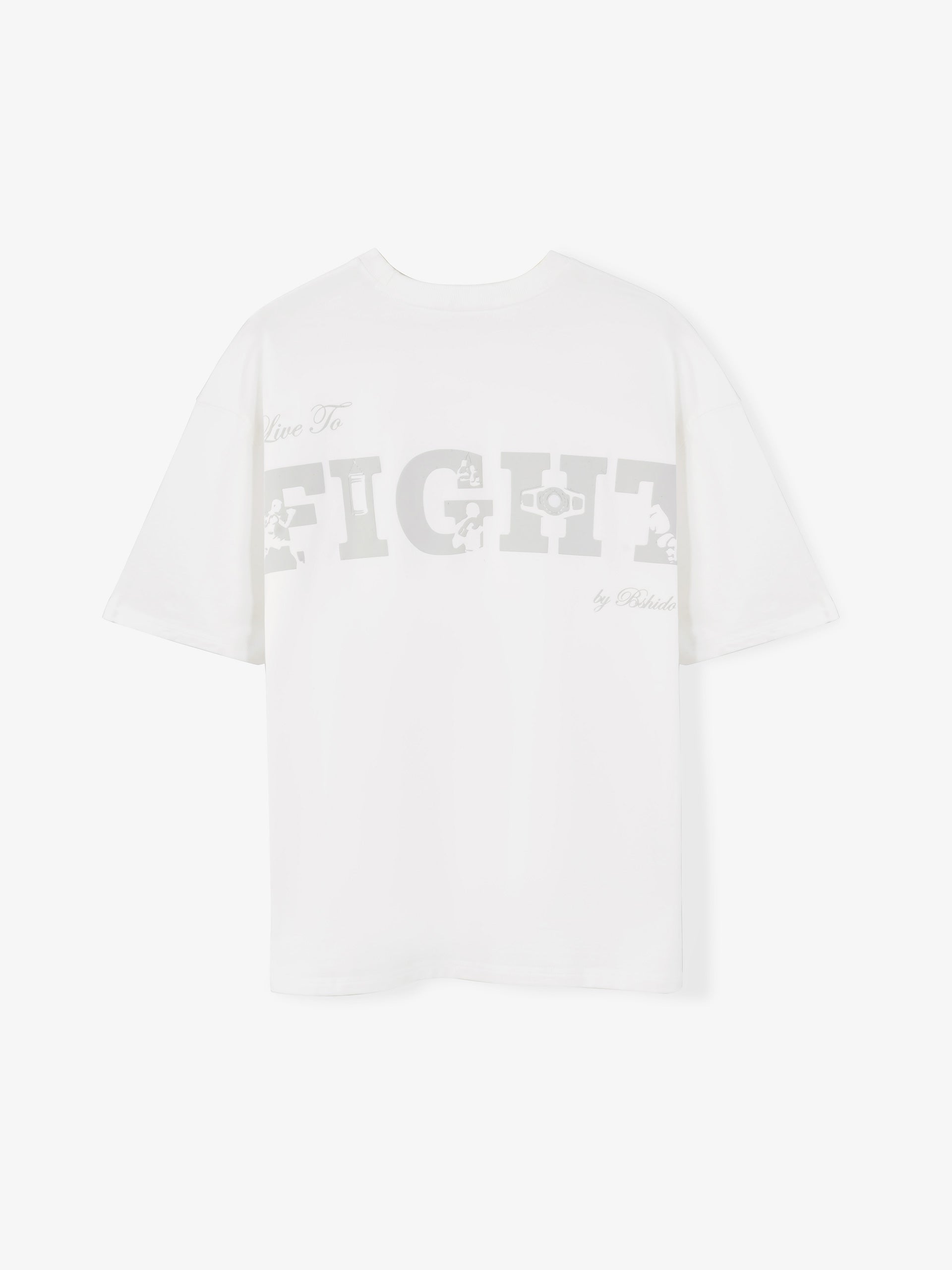 white oversized t-shirt with live to fight print back design by Bshido