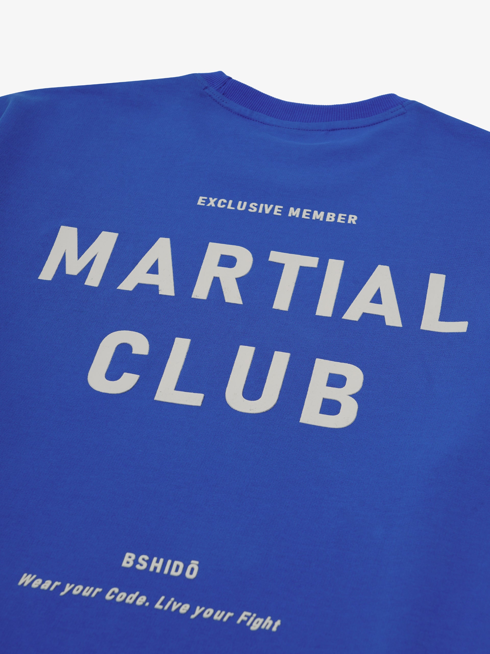 blue t-shirt back print close up showing martial club graphic