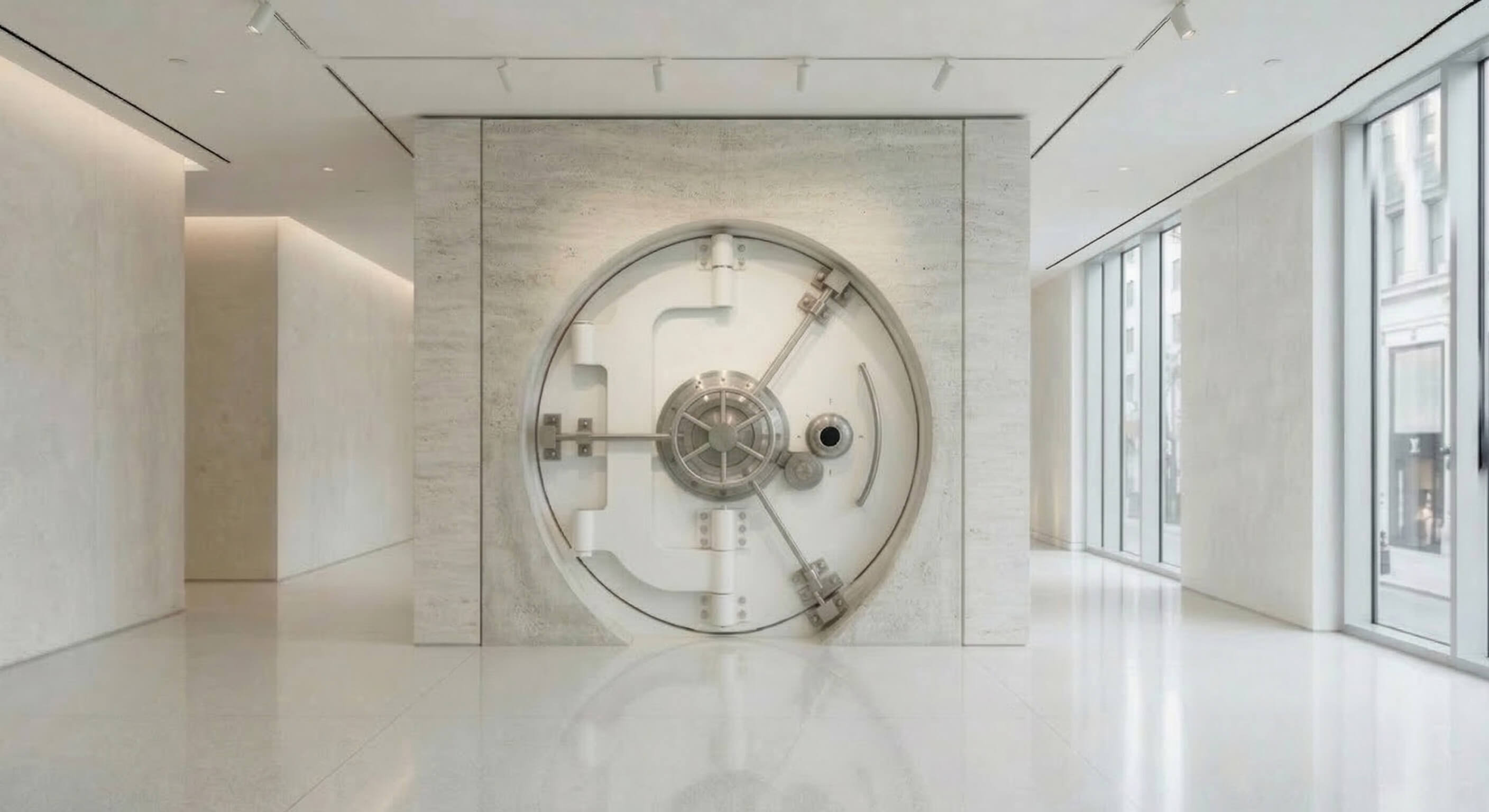 Large metallic vault door in a modern, well-lit room with marble walls and floor.